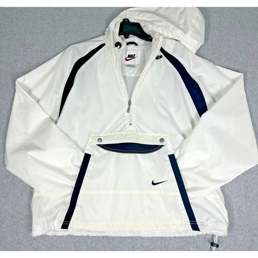 Nike Vintage Windbreaker Hooded Half Zip Cream Black Size Large Kangaroo Pocket